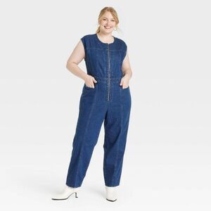 Universal Thread Indigo Denim Sleeveless Zip-Front Jumpsuit